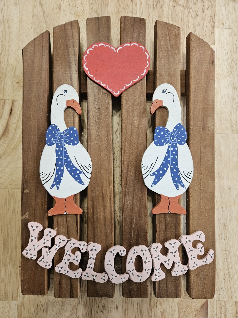 Vintage Welcome Wooden Wall Decor with White Geese and Red Heart
